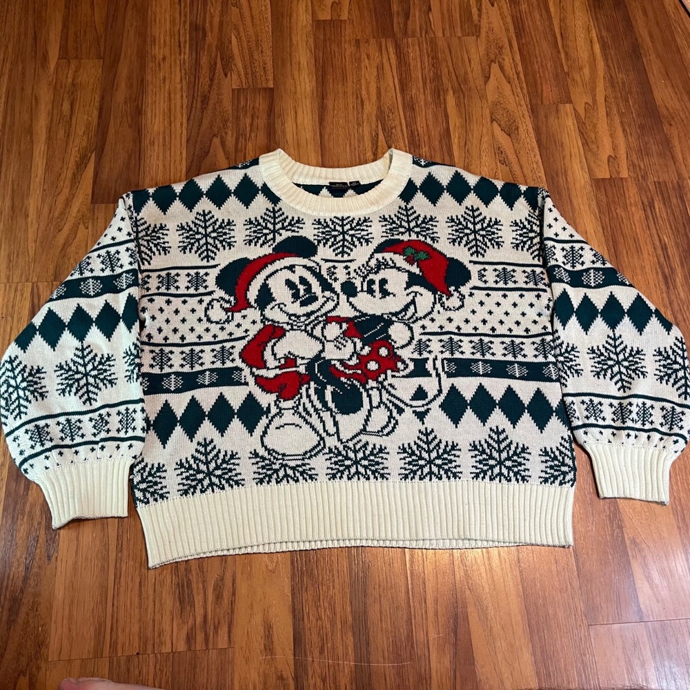 Disney Mickey Mouse Christmas Sweater Mens Medium Green White Fair Isle Knit MD